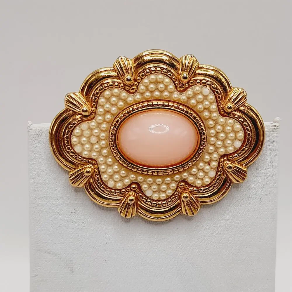 Vintage Gold Tone Brooch, Pink Cabochon Center, Faux Seed Pearl Design